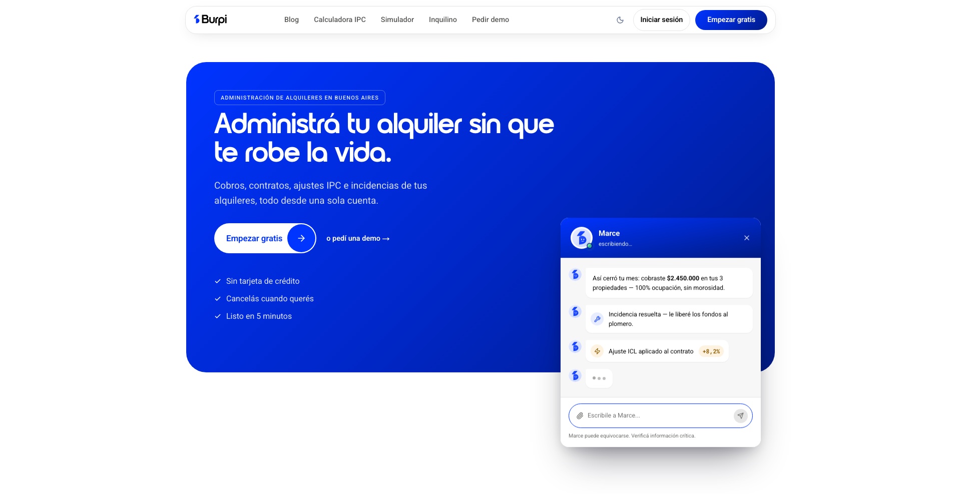 Vista previa de Burpi, landing de administración de alquileres con el asistente Marce y el llamado a empezar gratis.