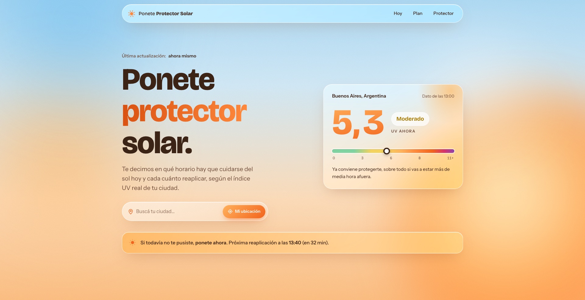 Vista previa de Ponete Protector Solar, landing con el índice UV en vivo y el plan de reaplicación del protector.