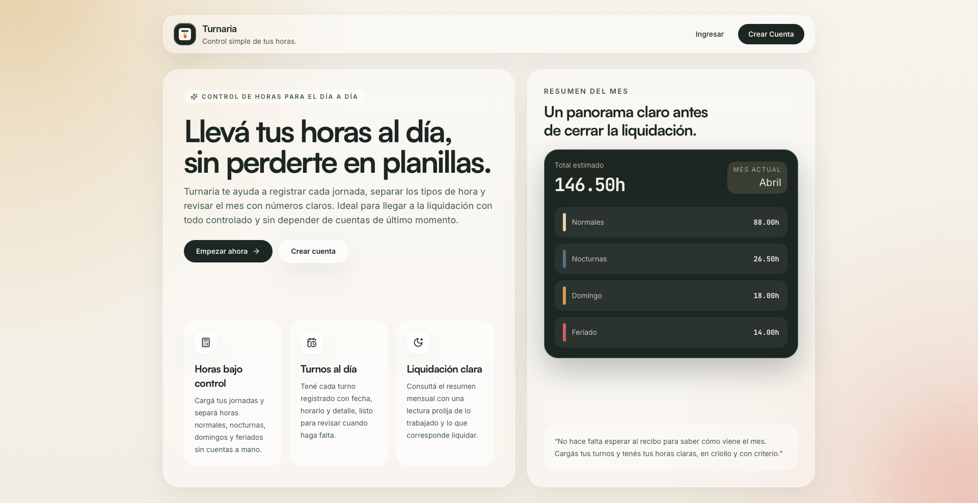 Vista previa de Turnaria, aplicación web para gestionar turnos laborales y liquidaciones.